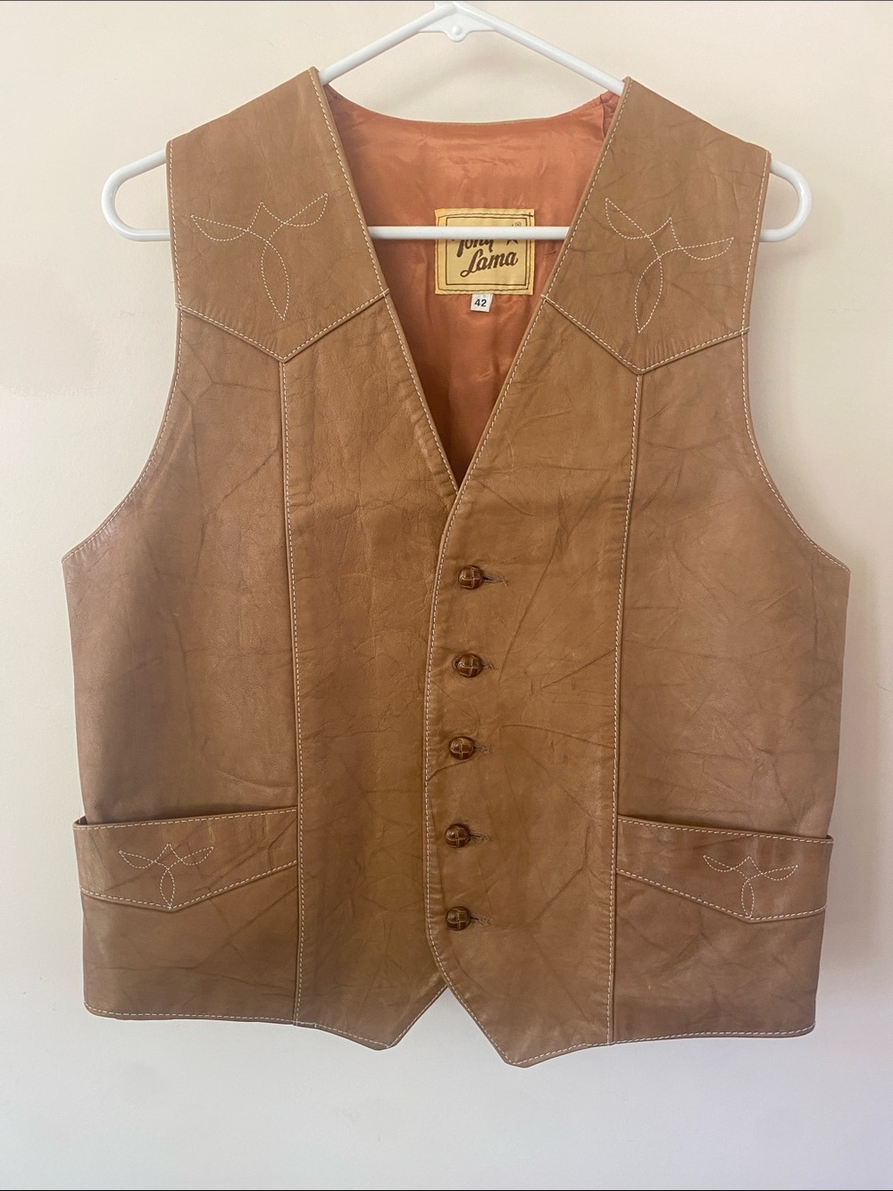 Vintage 1970s Tony Lama Tan Leather Western Vest with Embroidered Yoke